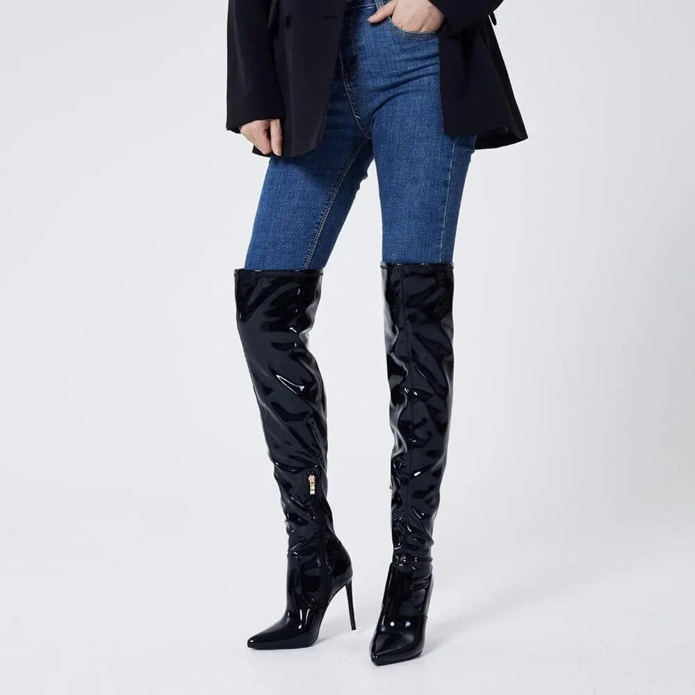 Women Black Patent Wools Lining Pointed Toe 4.3 inch Stilettos Thigh High Boots